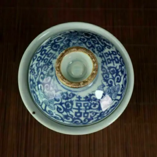 Chinese old porcelain Blue and white double happiness lotus covered bowl For kitchen 6