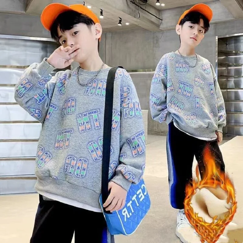 

Winter Casual Warm Boys Loose Alphabet Fleece Lined Sweatshirt School Kids Track Pullover Tops Children Workout Jumper 5-16Years