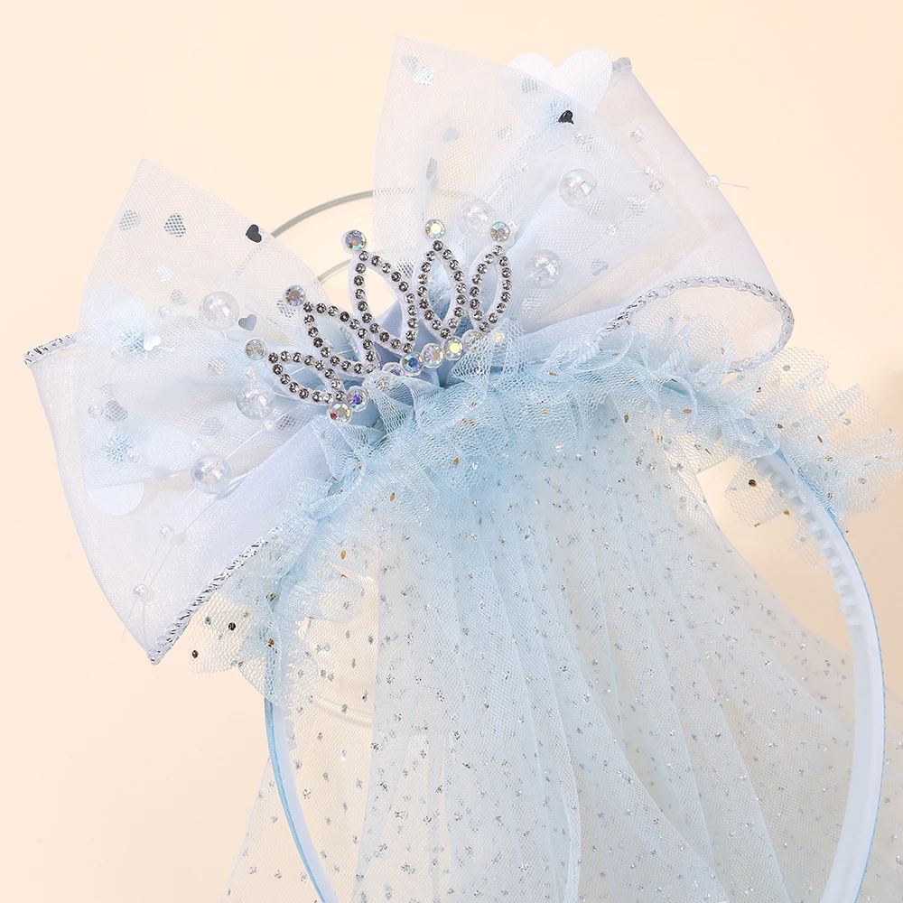Cute Princess Wedding Veil Headband With Crown Large Meah Bow Hair Hoop Sweet Birthday Party Hair Band Costume Hair Accessories