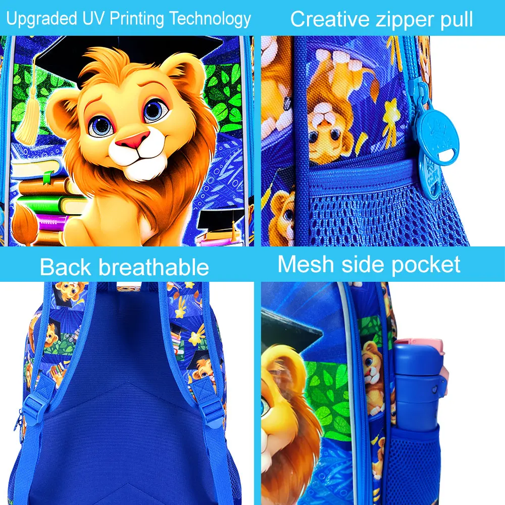3Pcs Kids Backpack for Boys, 16" Lion Bookbag with Lunch Box, School Backpacks Set for Elementary Preschool Kindergarten 3