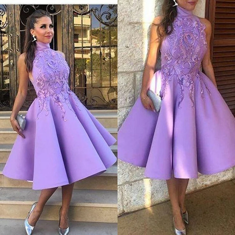 

Purple Appliques High Neck Sleeveless Prom Dresses Knee Length Drapes A-Line Gown Special Occasion Dresses For Elegant Women