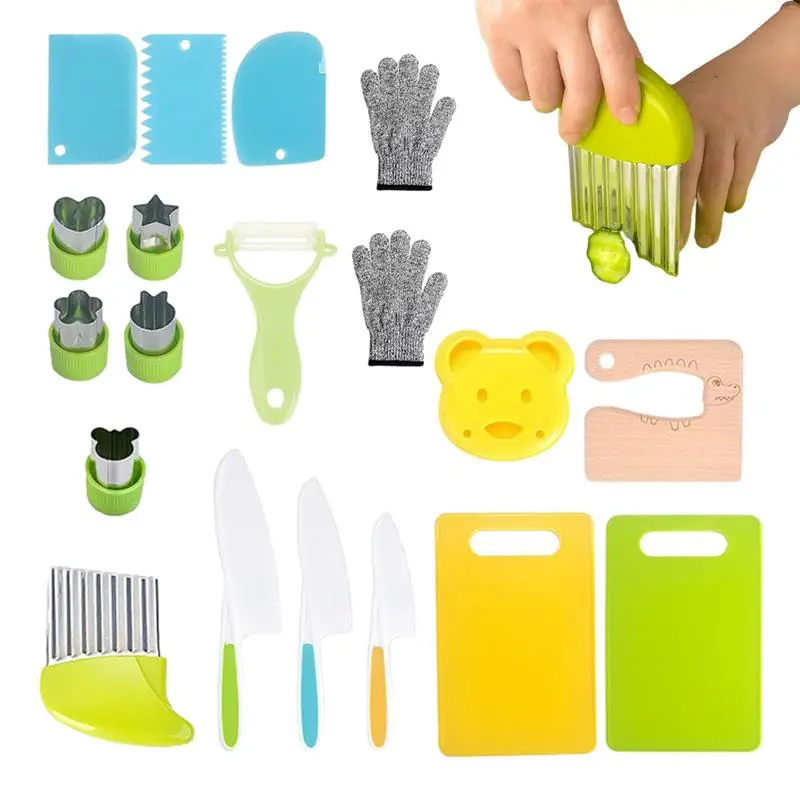 

19PCS Montessori Kitchen Tools For Toddlers-Kids Cooking Sets Safe For Real Cooking Toddler Crinkle Cutter Kids Cutting Board