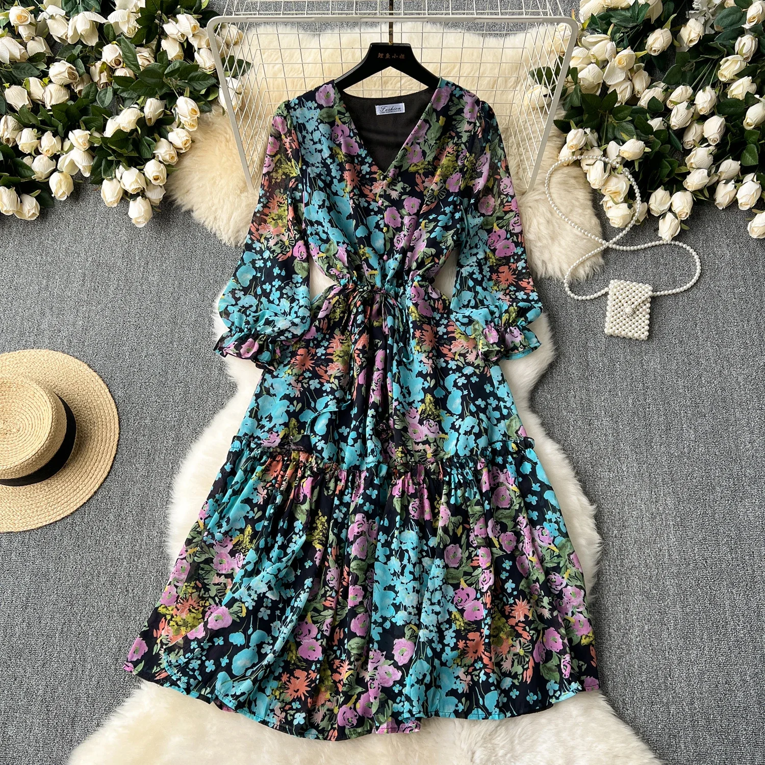 【ご予約】❀ℳ's Gracy❀ Chiffon Flower Dress 2024 Romantic Floral Print Chiffon Long Sleeve Dress Women