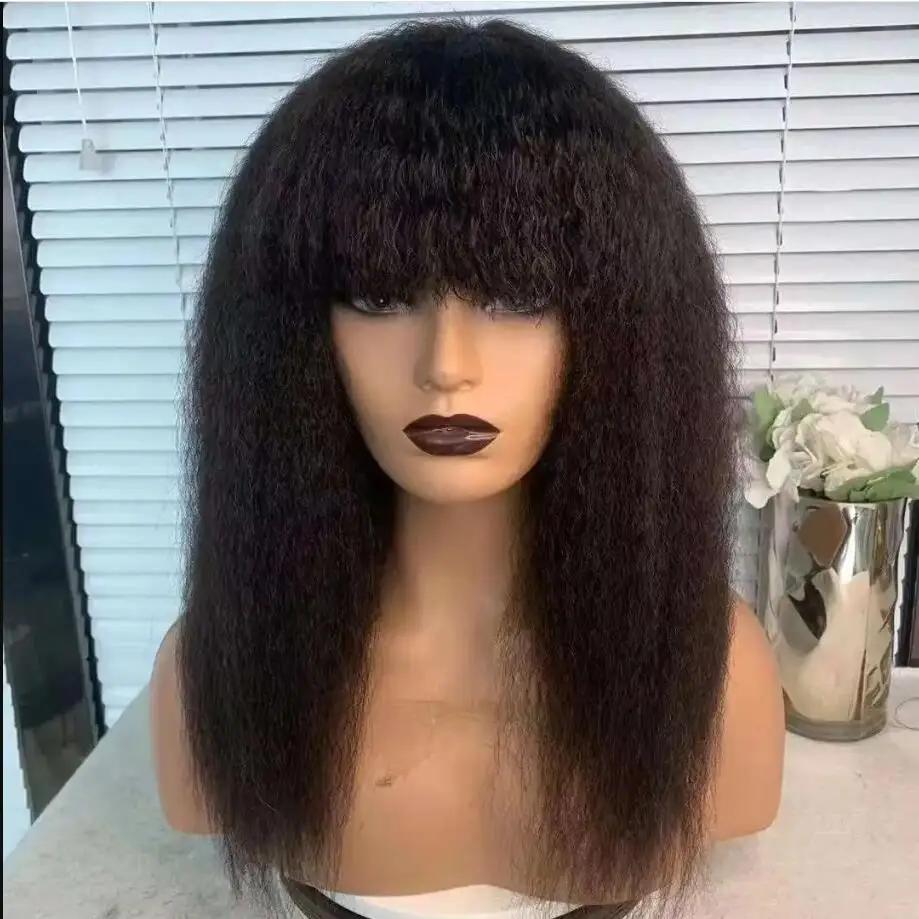 

Naural Black Long 180Density Soft Glueless Kinky Straight Machine Wig with Bangs For Women BabyHair Preplucked Heat Resistant