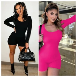 Solid Yoga Playsuits Women O Neck Long Sleeve Skinny Shorts Jumpsuits Casual Sporty Overalls 2023 Autumn Winter Slim Rompers