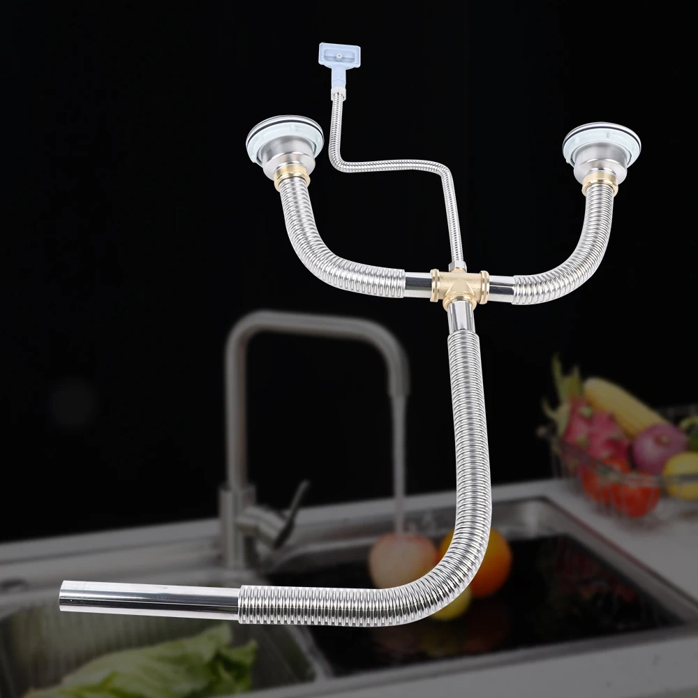 Silver Double Bowl Kitchen Sink Pipe Fitting Plumbing Drain Kit Replace Part Stainless Sink Pipe Plumbing Replacement