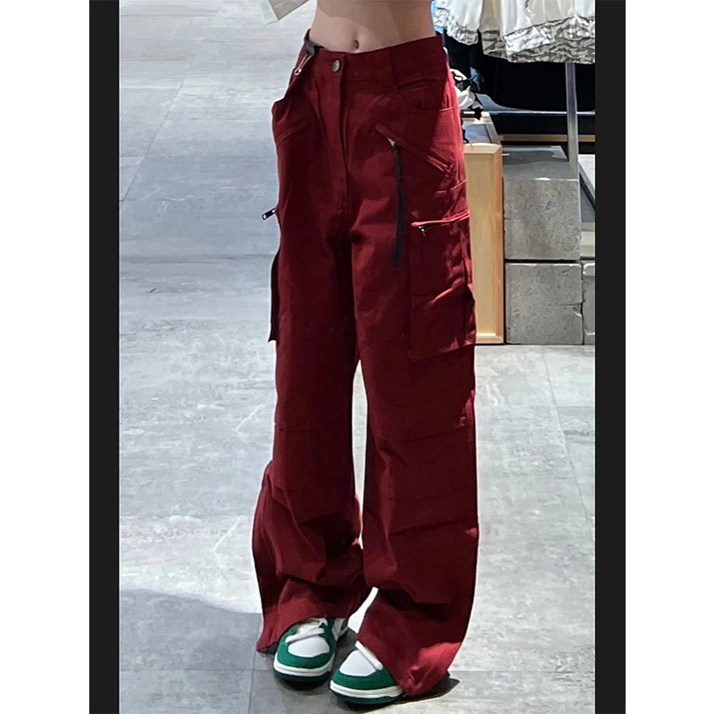 Women Bottoms Red Vintage Baggy Cargo Pants Fashion Pocket High Waist Straight Pants High Street Wide Leg Trouser Ladies Summer