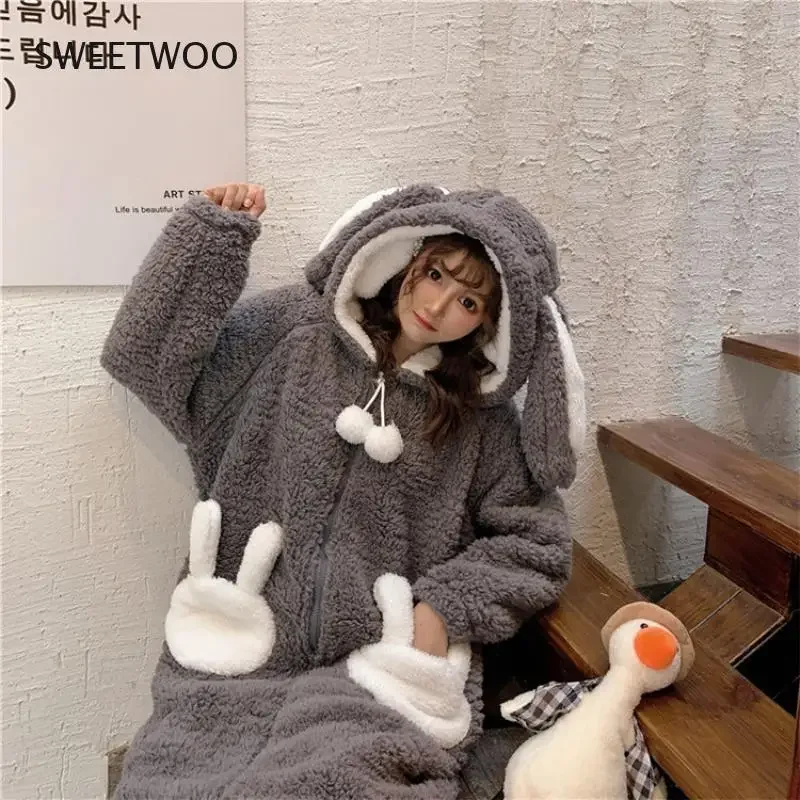 Winter Thicken Onesie Pajamas Women Warm Plush Kawaii Animal Rabbit One Piece Cosplay Bunny Homewear Sleepwear Jumpsuit Costume