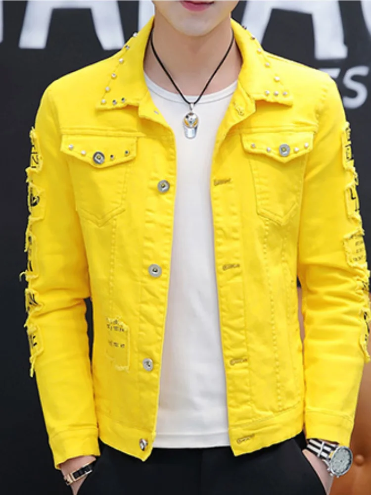 

Denim Jacket Black Man Korean-style Students Handsome Versatile Coat Yellow Punk Rivet MEN'S Wear Summer New Style Cowboy Jacket