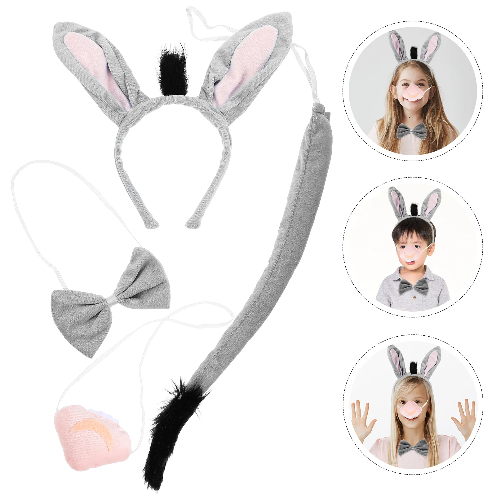 Gray Donkey Ears Headband Kids Costume Halloween Supplies Animal Hair Accessories Donkey Tail Nose Bowtie Set Children Stage