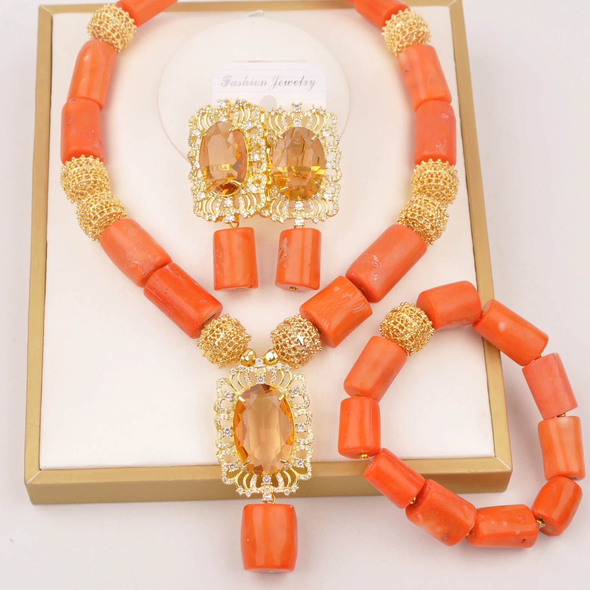 

Fashion African Necklace Original Orange Nigerian Wedding Coral Beads Bridal Jewelry Sets