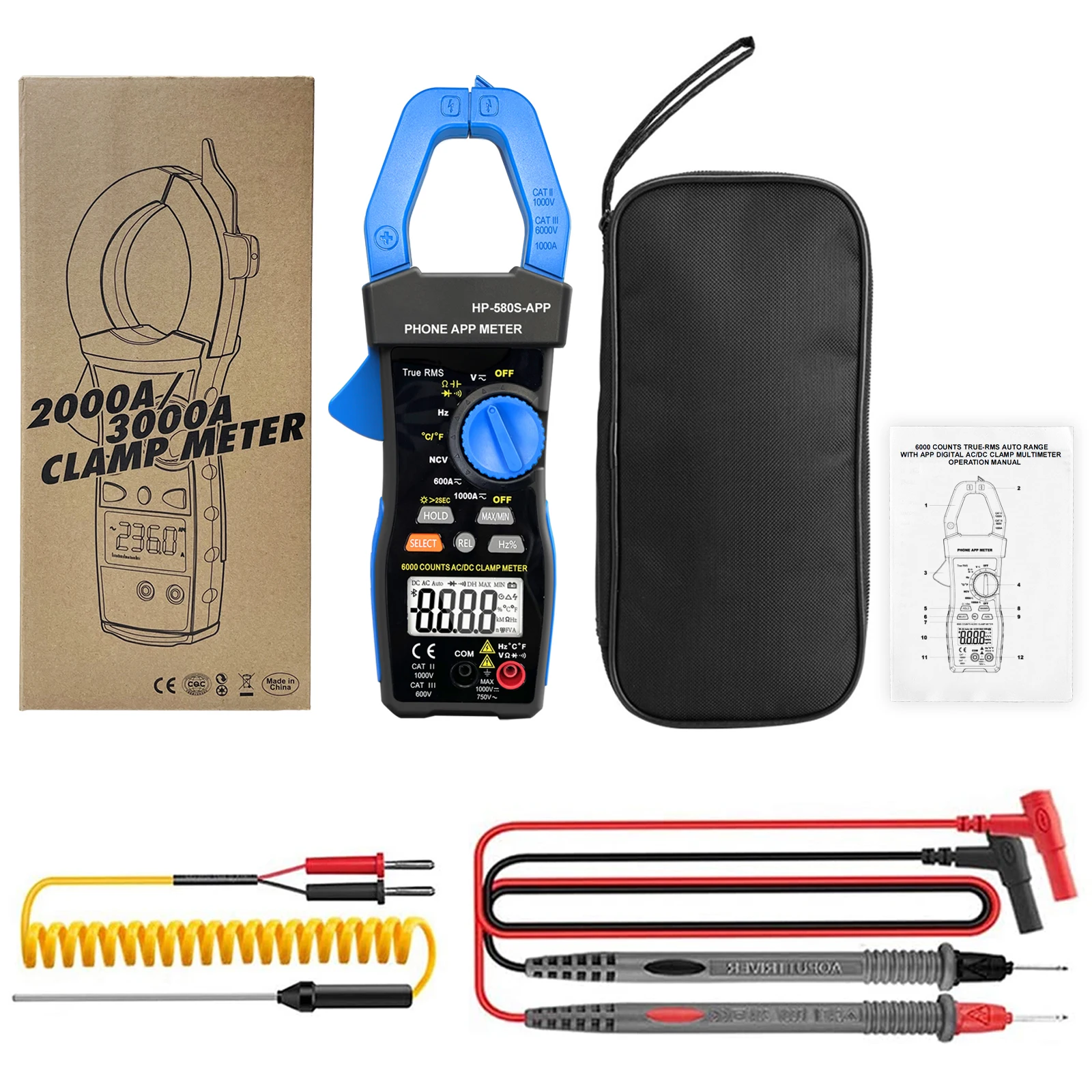 홀드피크 HP-580S 클램프 미터 1000A AC/DC, 블루투스 앱 데이터 로거, TRMS 6000 카운트, NCV 테스터, 전기 기술자용 멀티미터