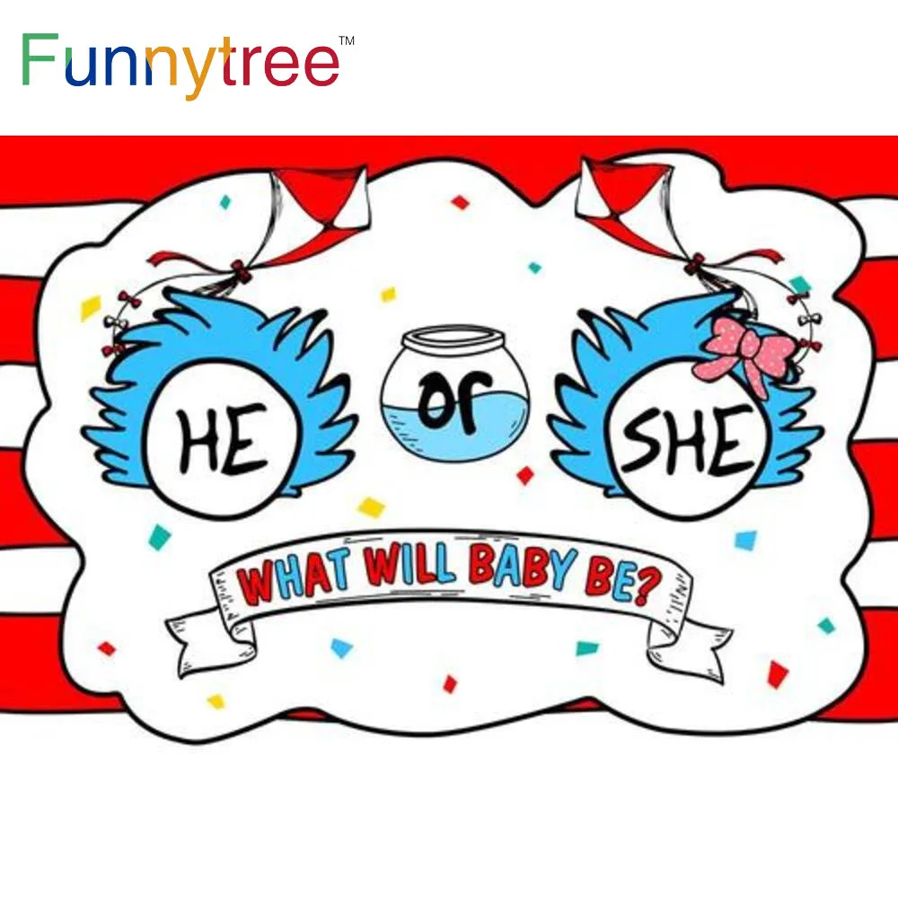 

Funnytree Gender Reveal Birthday Party Backdrop He or She Baby Shower Striped Kite Banner Newborn Photography Props Background