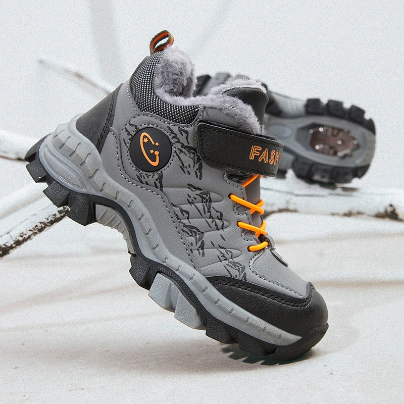 남아용 캐주얼 야광 신발, 통기성 운동화, 따뜻한 봉제 아동용 후크 및 루프, 미끄럼 방지 하이킹 신발, 겨울