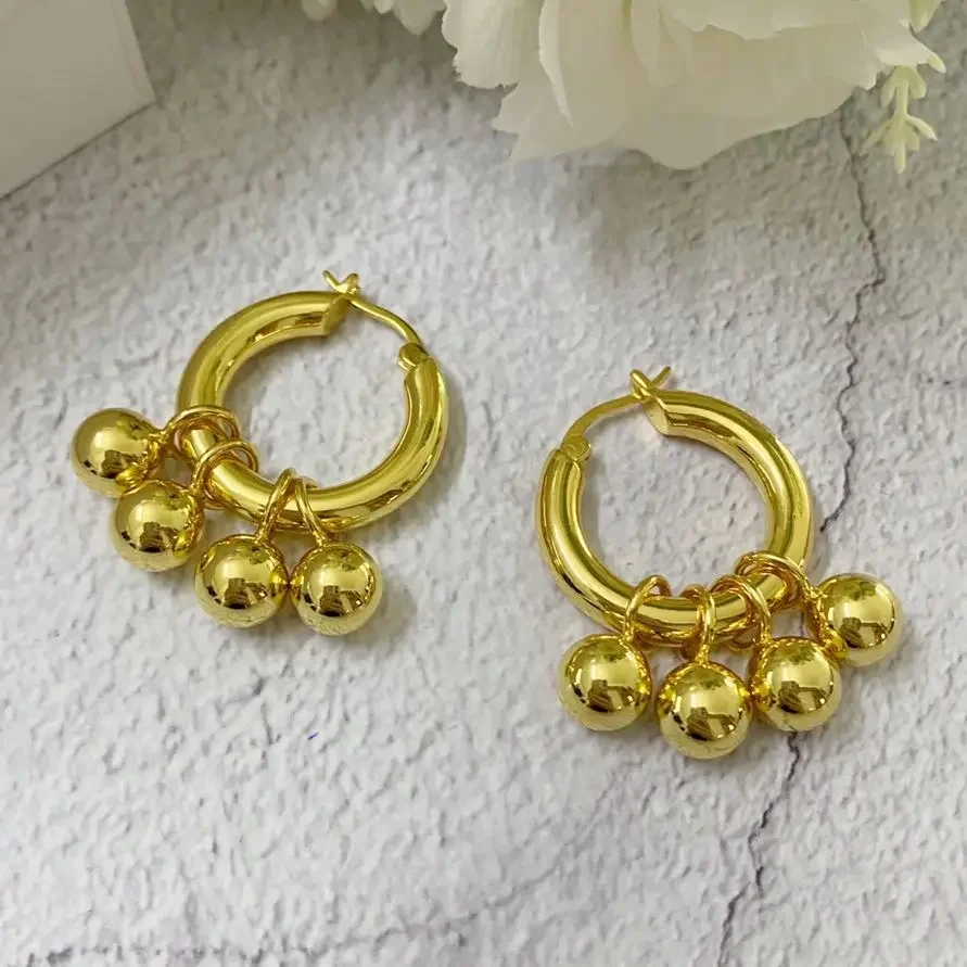 

New Fashion Europe America Brass 24K Gold Plated Round Bead Earrings Women Designer Jewelry Party Trend