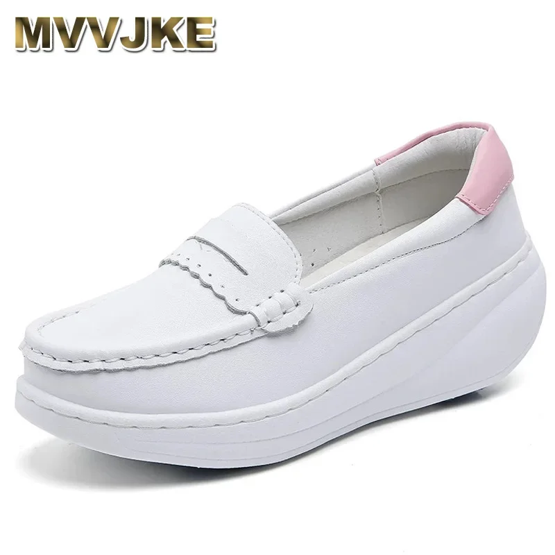 MVVJKEWhite Genuine Leather Platform Loafers Women Nurse Shoes Round Toe Slip-on Thick Flats Breathable Soft Cowhide Chunky Flat women shoes women flats