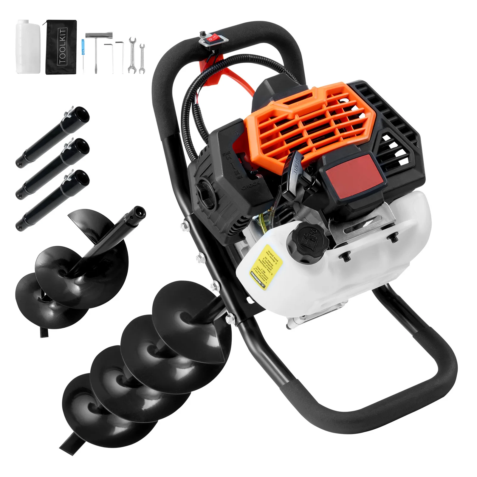 SucceBuy Post Hole Digger Gas Powered 52CC 1450W Earth Auger Gas Auger w/ 6”&10” Auger Drill Action Design Bits&3 Extension Rods
