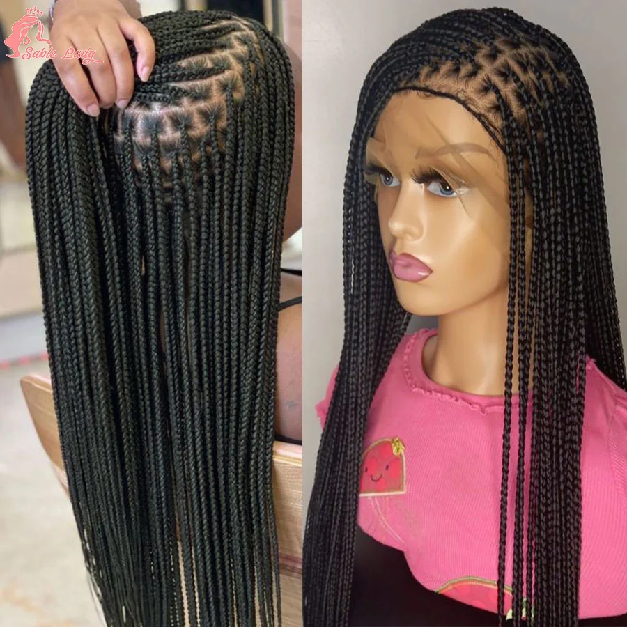 Full Lace Synthetic Afro Cornrow Braided Wigs Knotless Box Braids Wig For Black Women 36 Inches Goddess Handmade Braiding Wig 4