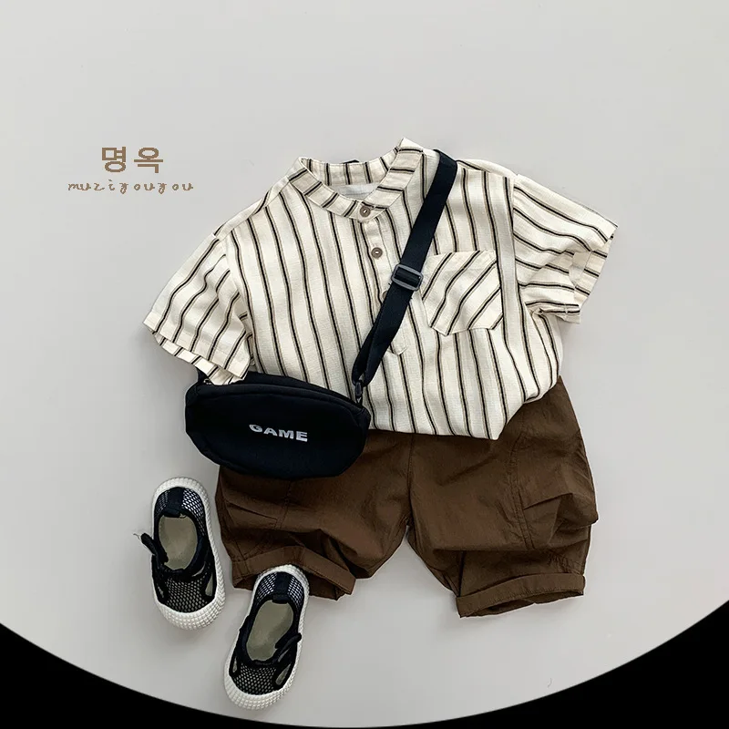 Spring Summer Children Shirts 1-8Y Boys Cotton Striped Pocket Casual Short Sleeve Tops Korean Toddler Wear For Kids Clothing New - Image 2