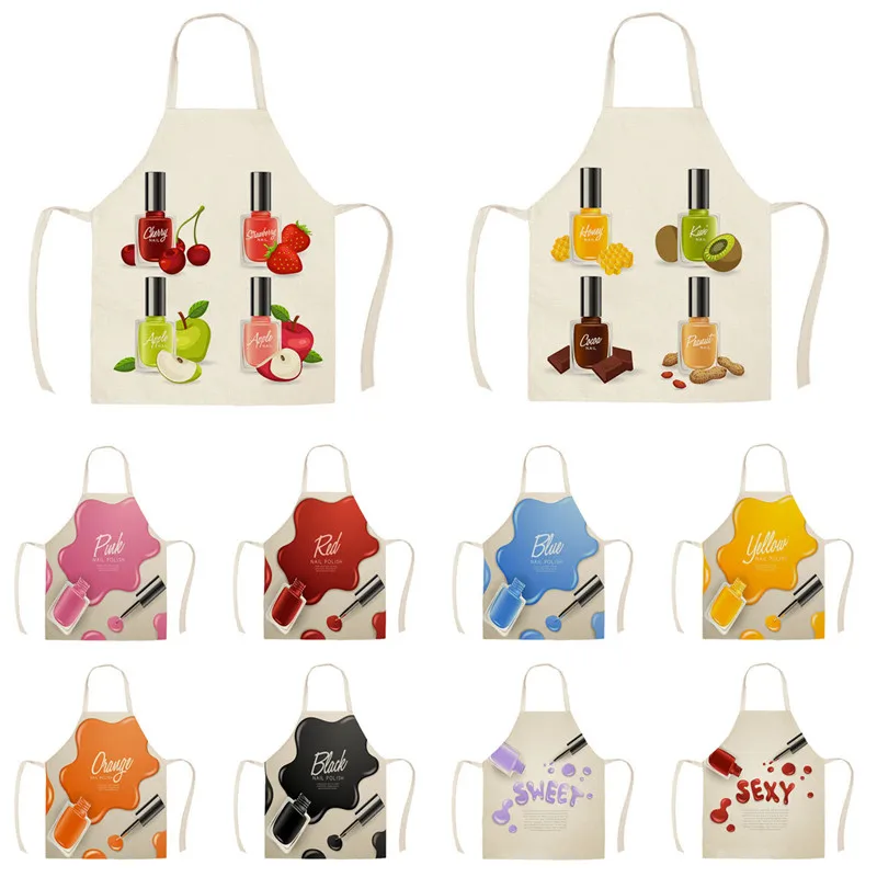 

1 Pcs Women Nail Polish Lipstick Pattern Cotton Linen Aprons for Kitchen Home Cooking Baking Cleaning Accessories