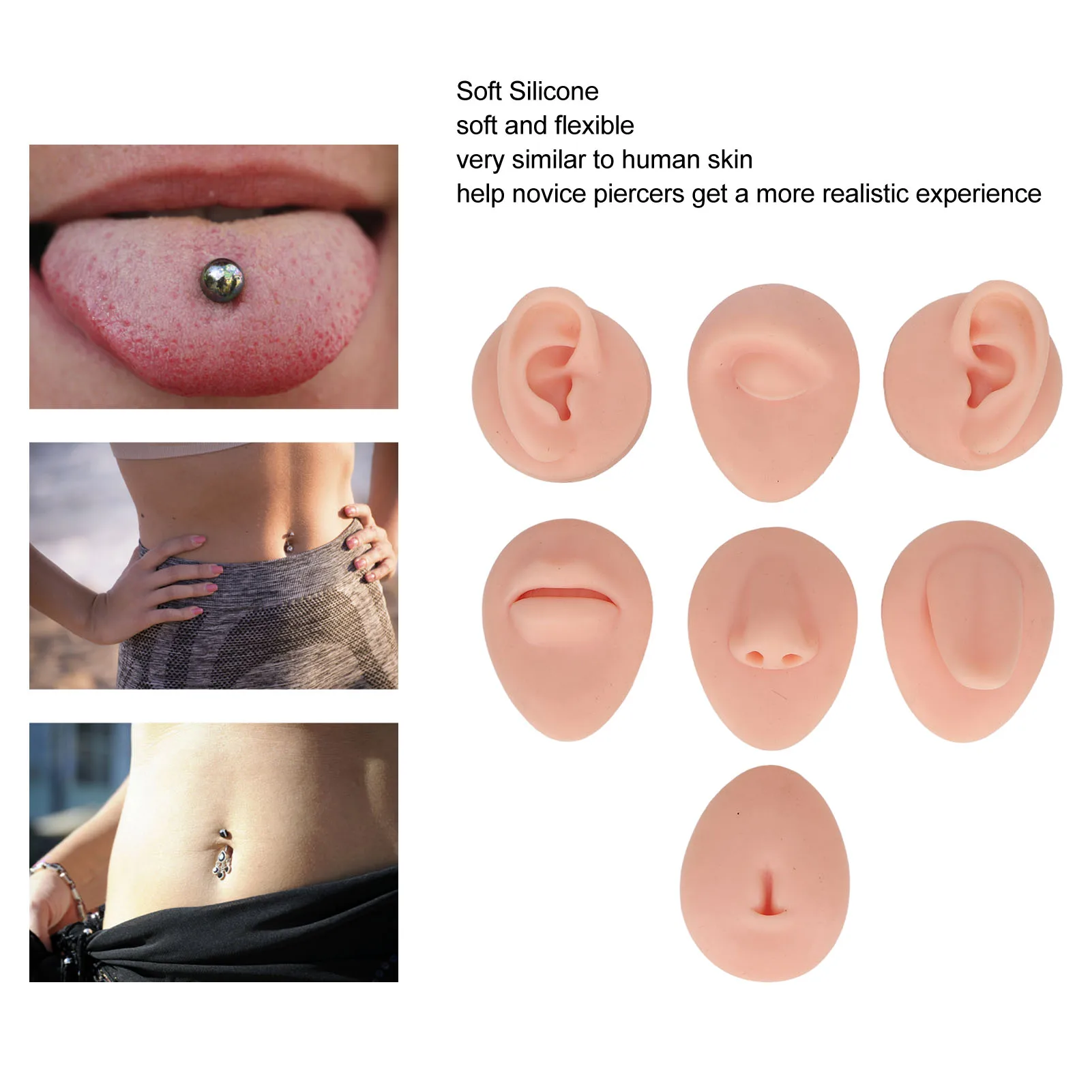 Body Piercing Practice Model Simulation Silicone Ear Eye Nose Mouth Tongue and Belly Button Model for Novice Piercer body piercing practice model
