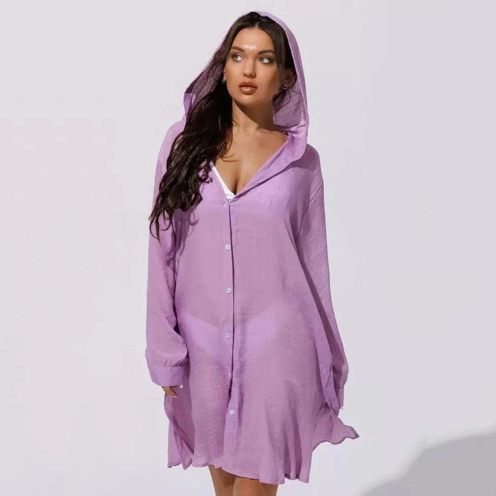 Summer Long Sleeve Button Down Tunic Dress Solid Color Oversized Beach Bikini Cover-up Blouse Tops Vacation Outfit 1
