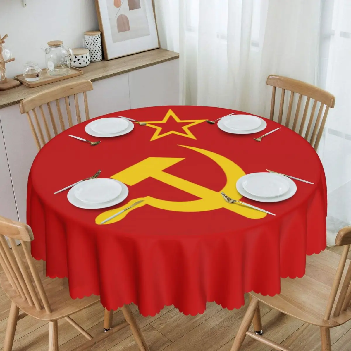 

Round Retro Russian Soviet Flag Tablecloth Waterproof Oil-Proof Table Cover 60 inches USSR Hammer and Sickle CCCP Table Cloth