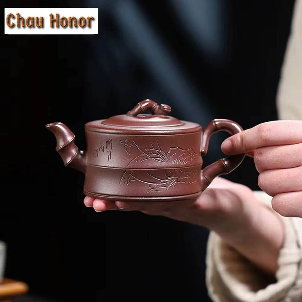 220ml Chinese Yixing Purple Clay Teapots Famous Artists Handmade Bamboo Joint Tea Pot Mud Kettle Authentic Zisha Tea Set Teaware