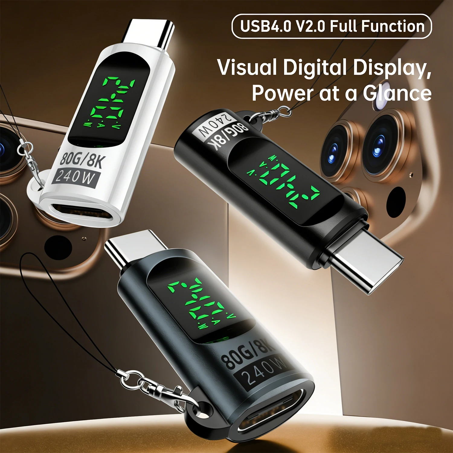 2개입 USB C-USB C(남성-여성) 어댑터 전력계 테스터 전압 전류 LED 디지털 디스플레이 80G 아이폰 맥북용