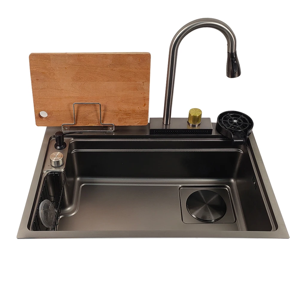 

2024 new countertop Nano handmade black kichen sink 304 wrokstation full set accessory auto 140 drainer big single bowl 75