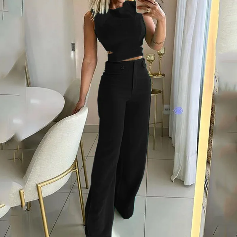Women Sleeveless Slim Two Piece Set 2023 Summer New Pant Sets Tight Hollow Out Cropped Top High Waist Long Pants Suits Commuting
