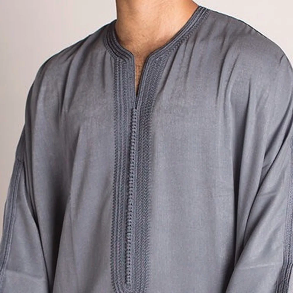 African Ethnic Style Men's Long Shirt Stock Muslim Robe Pullover Grey Qamis Homme Musulman Islamic Clothing Muslim Sets Arabic