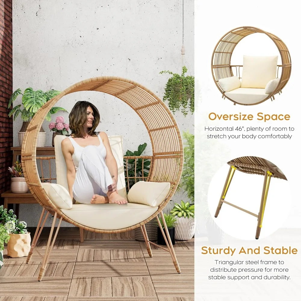 Outdoor Egg Chair, Oversized Wicker Patio Chairs with 6.69'' Cushions,350LBS Capacity, Indoor Round Rattan Nest Chair with Stand 4