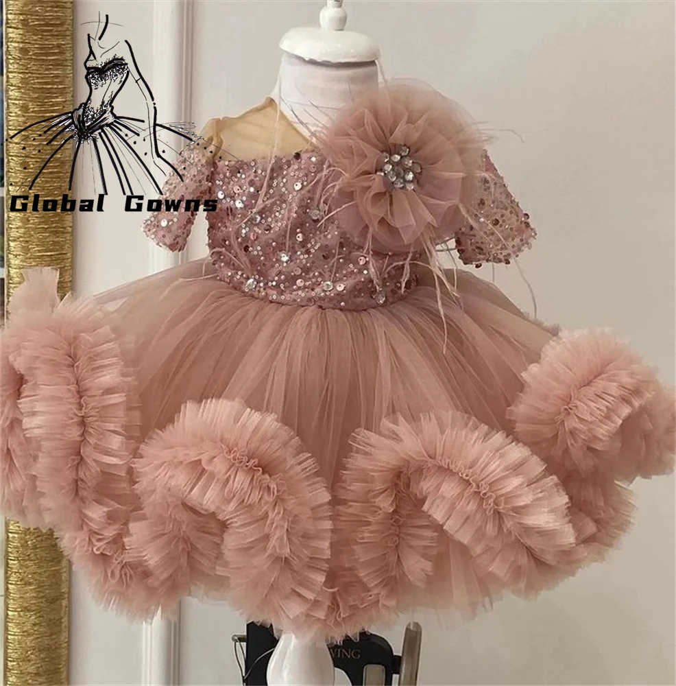 

Lovely O Neck Flower Girls Dresses for Wedding Ruffles Tulle Beaded Pageant Dress Kids Feathers Party Prom Birthday Ball Gowns