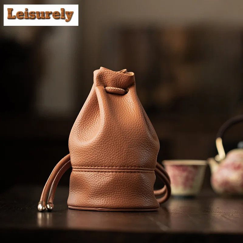 Retro Leather Drawstring Tea Cozies Boutique Camping Bag For Tea Tea Cozy For Teapot Portable Bag Travel Tea Set Bag Cafes Gifts