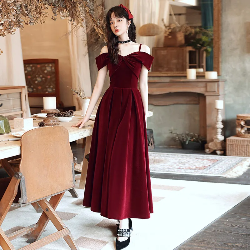 Burgundy Off Shoulder Velvet Evening Dress Women Elegant Formal