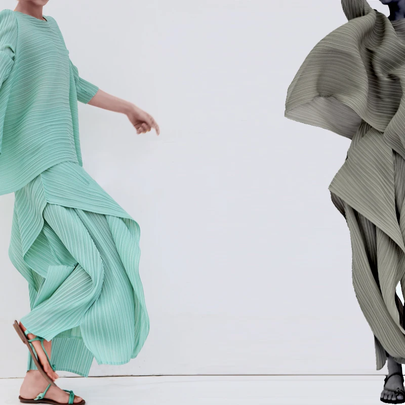 Miyake Pleated Women Two Piece Sets 2023 Summer Long Sleeve T-shirt Tops Ladies Loose Pants Original Designer Causal Clothes