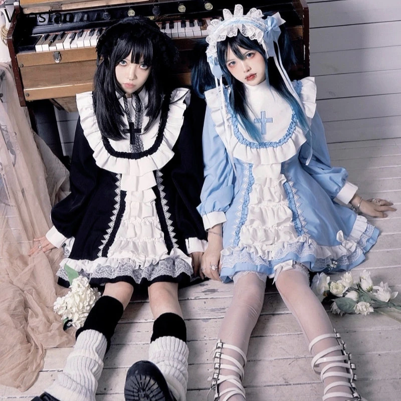 Lolita Cosplay Costumes Japanese Gothic Lolita OP Dress Women Victorian Cross Embroidery Ruffles Cosplay Witch Maid Dresses Girls Sweet Party Dress