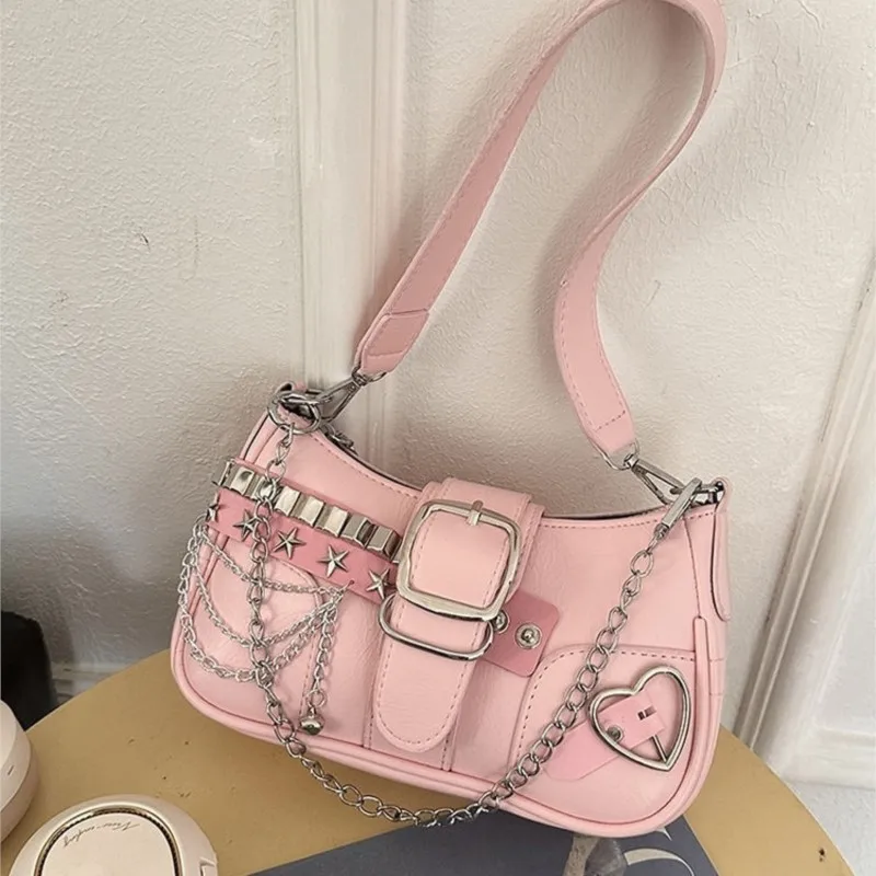 JIAERDI Harajuku Sweet Cool Pink Y2k Bag For Women High Street Chain Underarm Bag Summer Fairy Core Aesthetic Handbag 2025 New