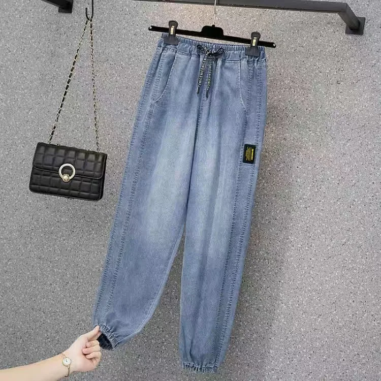 

Women's Jeans Spring Korean Style Loose Office Ladies Streetwear Solid Color Light Blue Elastic Bleach Scratch Denim Pants