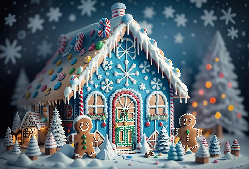 Mehofond-fundo de Fotografia para Crianças Natal Blue Gingerbread House Neve Natal Decoração do Retrato Familiar Pano de Fundo Inverno - Image 3