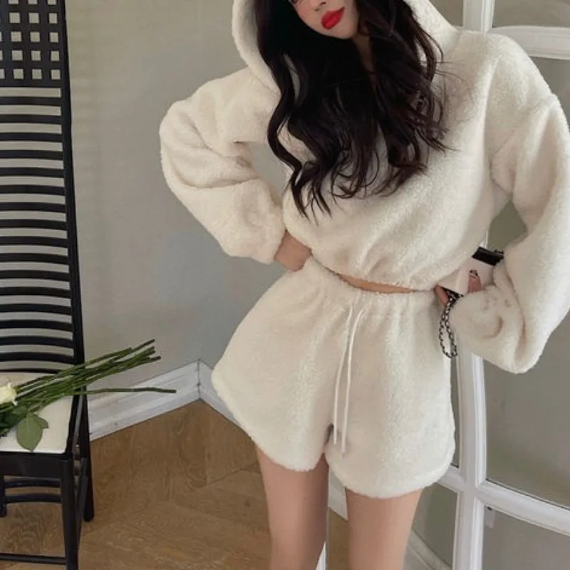 Shake Fleece Lolita Style Velvet White Cute Little Bear Youth Japanese Hooded Coat Fashion High Waist Shorts Drawstring Suit