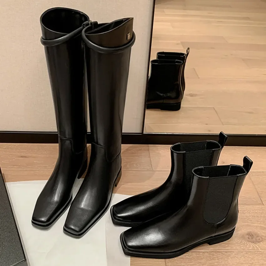 

New INS Women Genuine Leather Knee High Boots Thick High Heeled Motorcycle Boots Warm Autumn Winter Shoes Woman Boots