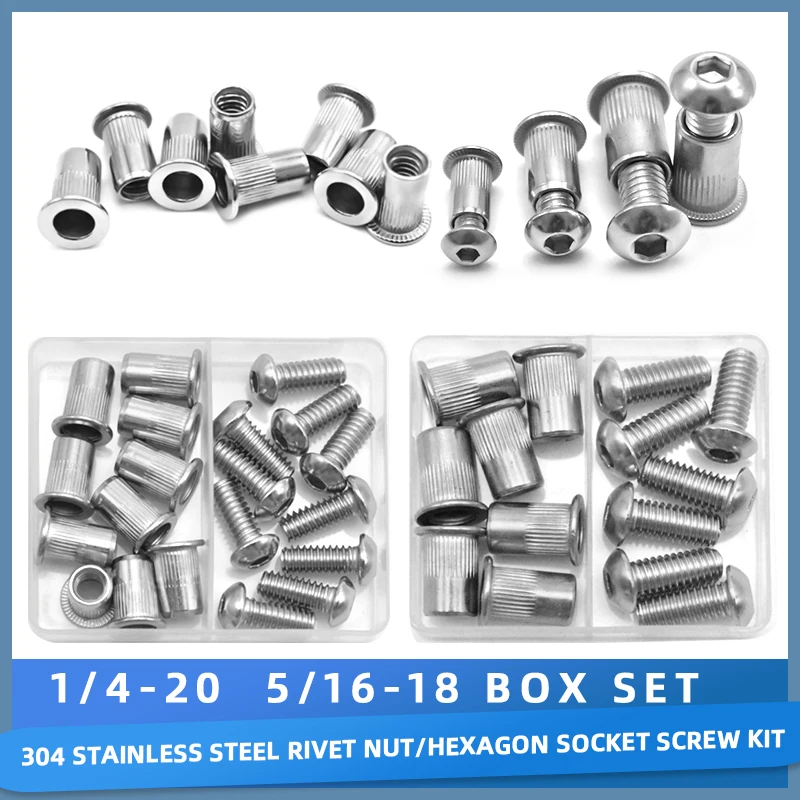 Pop Rivet Nuts Kit, Flat Head Rivnuts with 304 Stainless Steel Bolts & Screws-Assortment Kit 8-32, 10-24, 1/4-20, 5/16-18