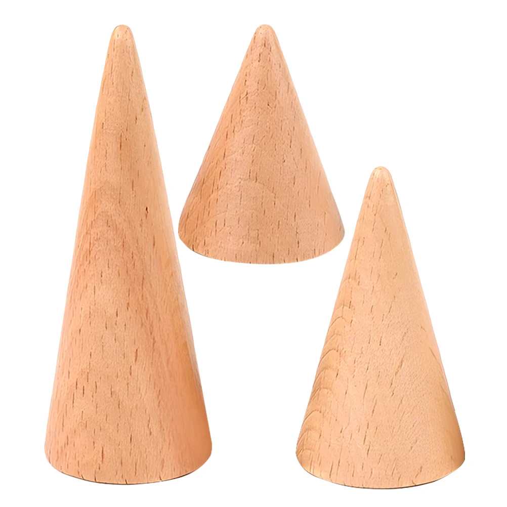 3 Pcs High Medium Low Ring Display Base Shelf Wood Cone Holder Beech Stand for Jewelry