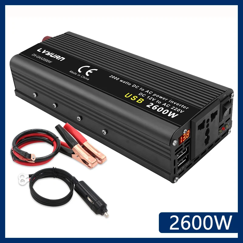Power Inverter Power Inverter DC 12V To AC 220V 1500W/2000W/2600W Converter USB Universal Plug LED Display Auto Inversor Transformer Solar