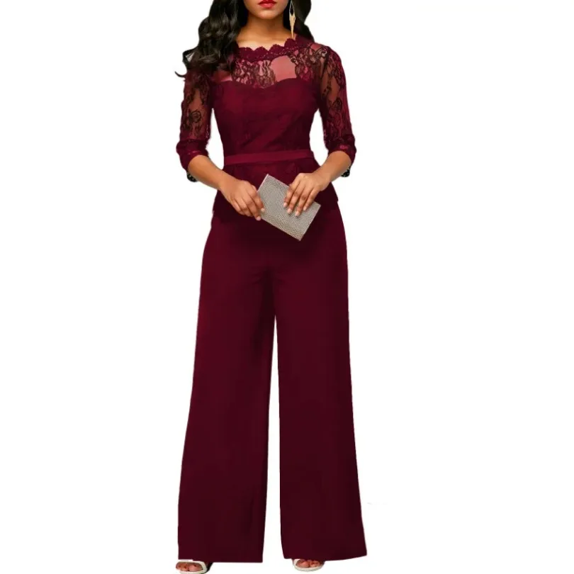 Women Jumpsuit Patchwork See Through Lace High Waist Half Sleeve Vintage O Neck Female Elegant Modest Big Size Ladies Playsuits