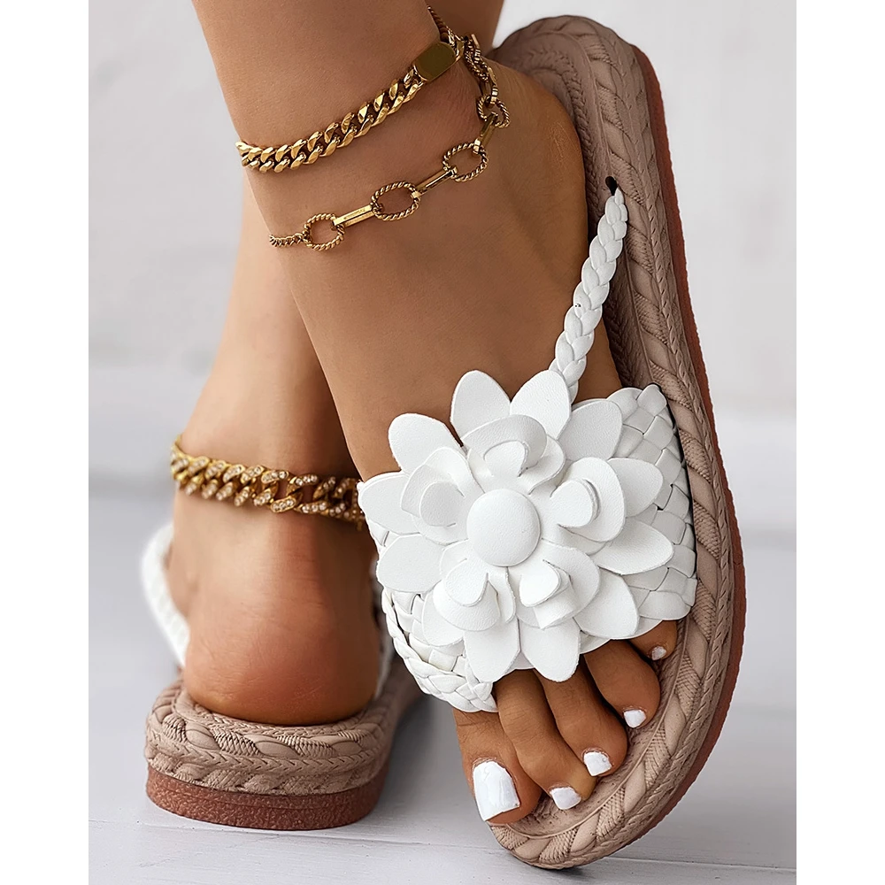 Fashion Women Floral Pattern Beach Flip Flops Slippers Lady Summer Casual Going Out Braided Toe Post Design Sandals Beach Shoes
