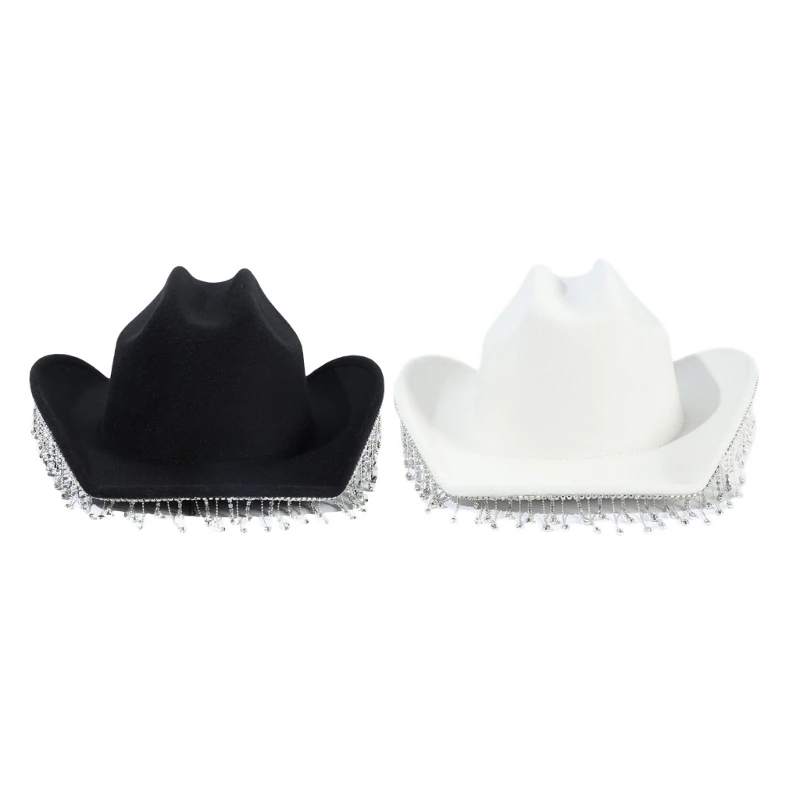 

Rhinestones Cowgirl Hats Shiny Cow Girl Hat with Rhinestones Tassel Adult Size Cowboy Hat for Party 2 Color