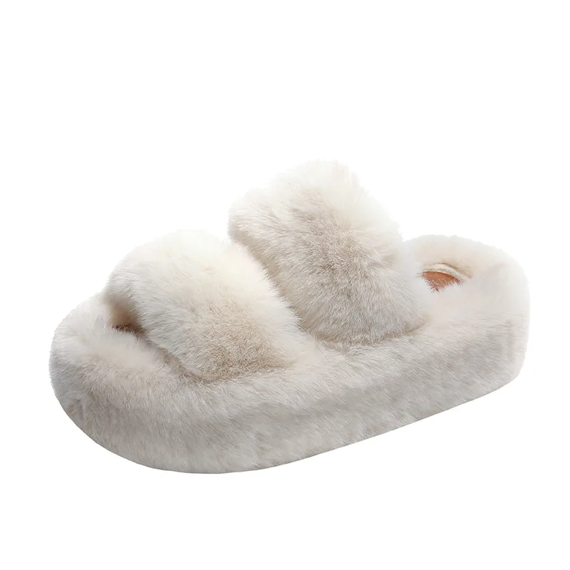 2023 New Autumn and winter fashion cross fluffy slippers heel 7CM women's indoor and outdoor one word flat cotton slippers